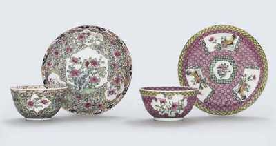 YONGZHENG (1723-35) TWO FAMILLE ROSE EGGSHELL TEABOWLS AND SAUCERS
